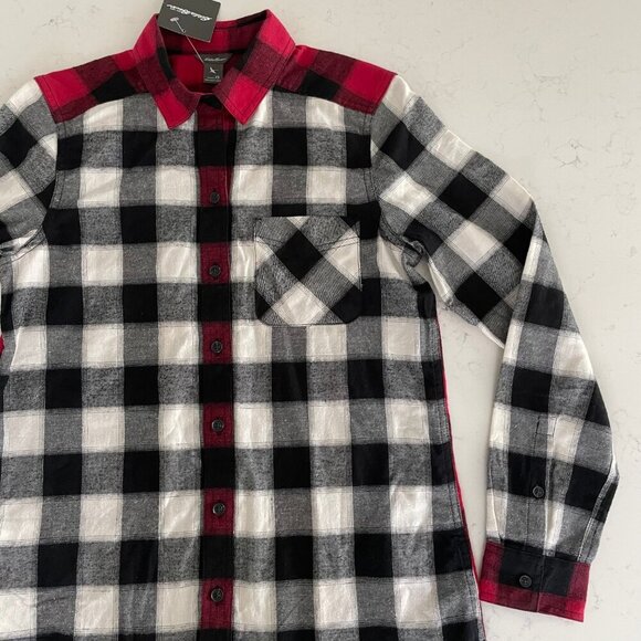 Eddie Bauer WR Stine's Mixed BF Flannel LS Button Down Shirt Blk Wht Red XS NWT - Picture 4 of 14